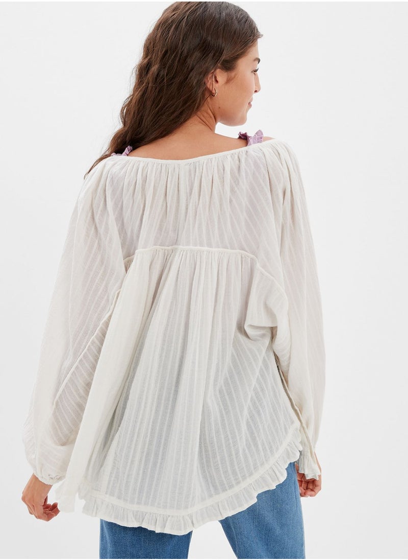 American Eagle - Ruffle Puff Sleeve Button Down Top - Image 1
