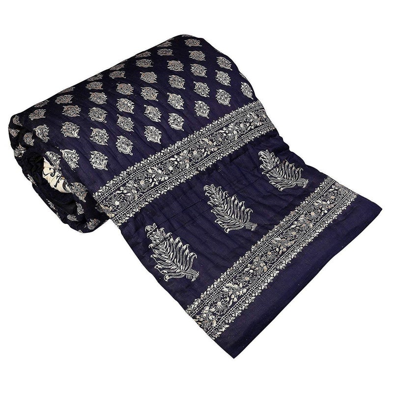SVT Traditional Famous Rajasthani Print Jaipuri Beautiful Floral Print in Black Silver Gold Jaipuri RajaiRazaiQuilt SingleSingle Bed QuiltComforterAC QuiltAC Comforter - Image 1