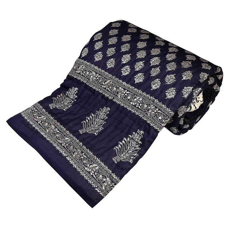 SVT Traditional Famous Rajasthani Print Jaipuri Beautiful Floral Print in Black Silver Gold Jaipuri RajaiRazaiQuilt SingleSingle Bed QuiltComforterAC QuiltAC Comforter - Image 2