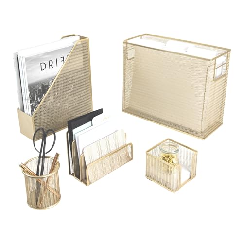 BLU MONACO Gold Desk Accessories Set – 5-Piece Office Organizer with Hanging File Holder, File Organizer & Boho Desk Décor for Women - Image 1