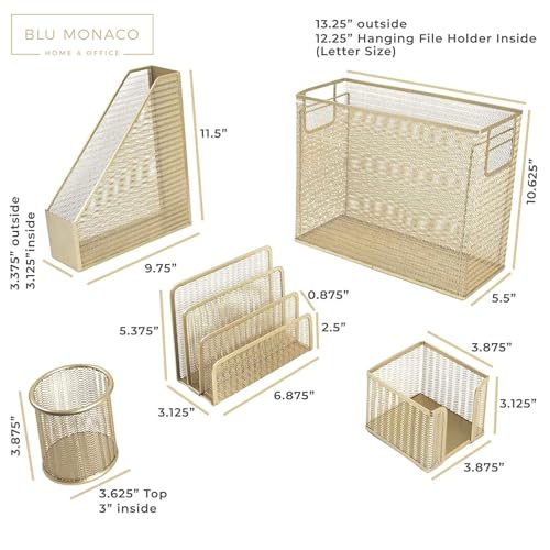 BLU MONACO Gold Desk Accessories Set – 5-Piece Office Organizer with Hanging File Holder, File Organizer & Boho Desk Décor for Women - Image 5