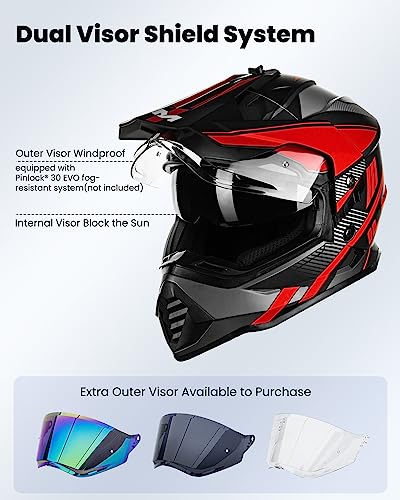ILM Dual Sport Adventure Motorcycle Helmet with Pinlock Compatible Sun Visor Snowmobile ATV Dirt Bike Off Road Casco Model WS902 RedBlack X-XLarge - Image 3