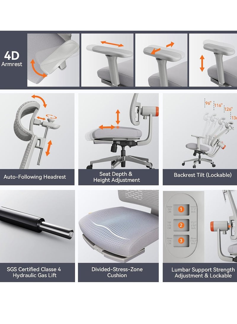 DROGO Ergonomic Office Chair for Work from Home, High Back Computer Chair with Adaptive Lumbar Support, 4D Armrest, Tray, Recline, Adjustable Height & Headrest, Mesh Chair for Office/Home (Grey) - Image 5