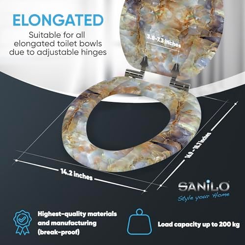 SANILO Wooden Toilet Seat with Soft Close [ELONGATED] - Decorative, Quiet & Slow Close Molded Wood Seat - With Strong Bumpers & Hinges - Adjustable Fit - Marble Brown - Image 4