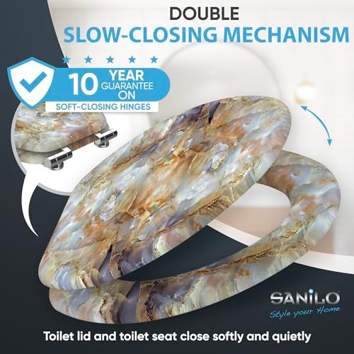 SANILO Wooden Toilet Seat with Soft Close [ELONGATED] - Decorative, Quiet & Slow Close Molded Wood Seat - With Strong Bumpers & Hinges - Adjustable Fit - Marble Brown - Image 3