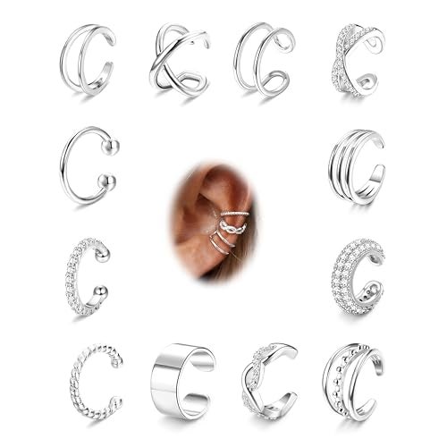 FUNRUN JEWELRY 12Pcs Ear Cuff Earrings for Women Non Piercing 14K Gold Plated Ear Cuffs Non Pierced Clip on Cartilage Earring Adjustable Fake Earrings - Image 1