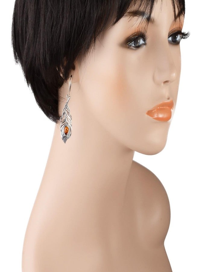 هوليداي غفت شوب أقراط من الكهرمان - أقراط من كهرمان عسل البلطيق بتصميم ريشة الطاووس - مجموعة مجوهرات من الفضة الإسترليني - Image 2