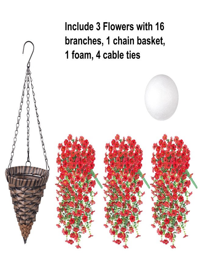 HyeFlora Artificial Hanging Flowers Basket for Outdoor, Fake Flowers Faux Plants Look Real for Yard Gardens Porch Patio Home (Red) - Image 2