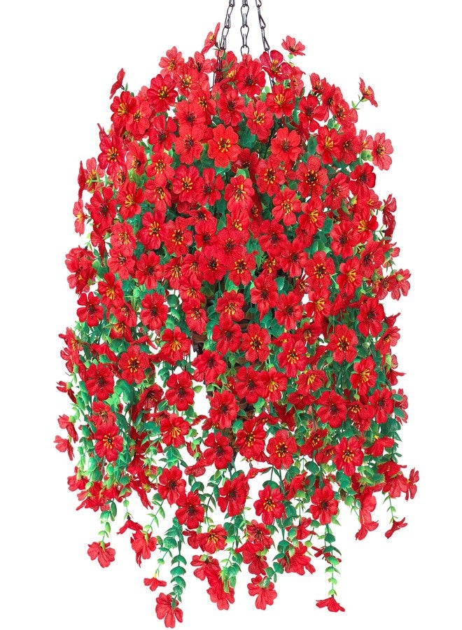 HyeFlora Artificial Hanging Flowers Basket for Outdoor, Fake Flowers Faux Plants Look Real for Yard Gardens Porch Patio Home (Red) - Image 1