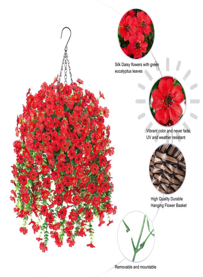 HyeFlora Artificial Hanging Flowers Basket for Outdoor, Fake Flowers Faux Plants Look Real for Yard Gardens Porch Patio Home (Red) - Image 3