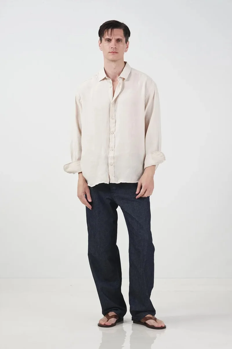 Giesto Ivory Natural GIESTO Oversized Button Closure Long Sleeve Shirt for Men | Best Price UAE