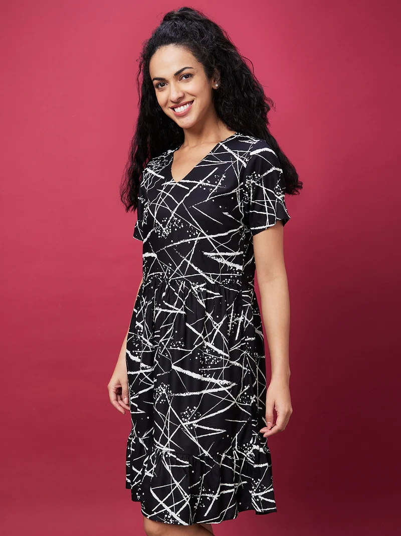 globus Women Black Abstract Printed A-Line Dress