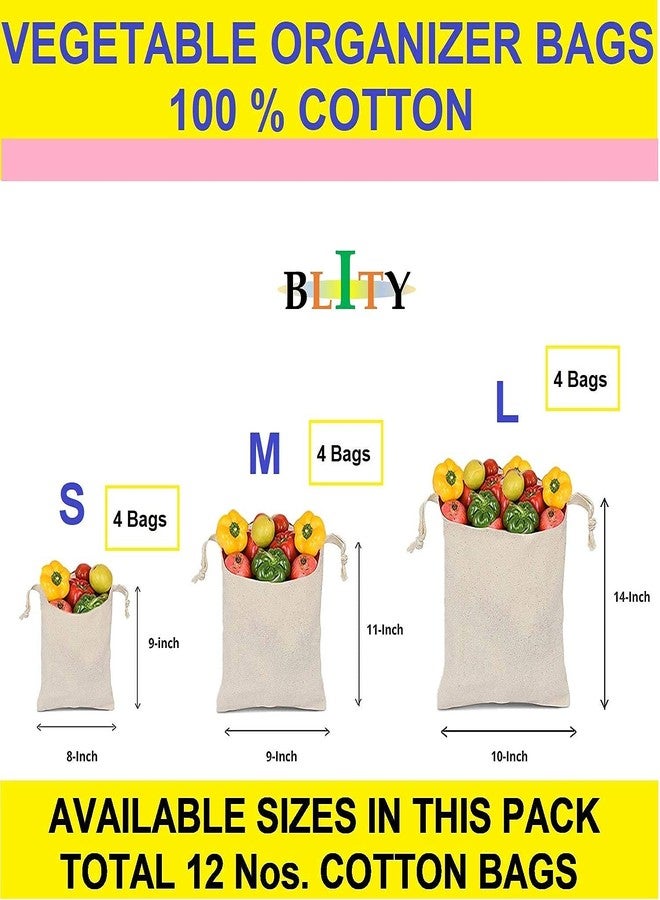 BLITY Fridge Storage Bags for Vegetables and Fruits | Cotton Set of 12 Fridge Vegetable Storage Bags (4 Small, 4 Medium and 4 Large Size Bags)| Vegetable Storage Bag for Refrigerator - Image 2