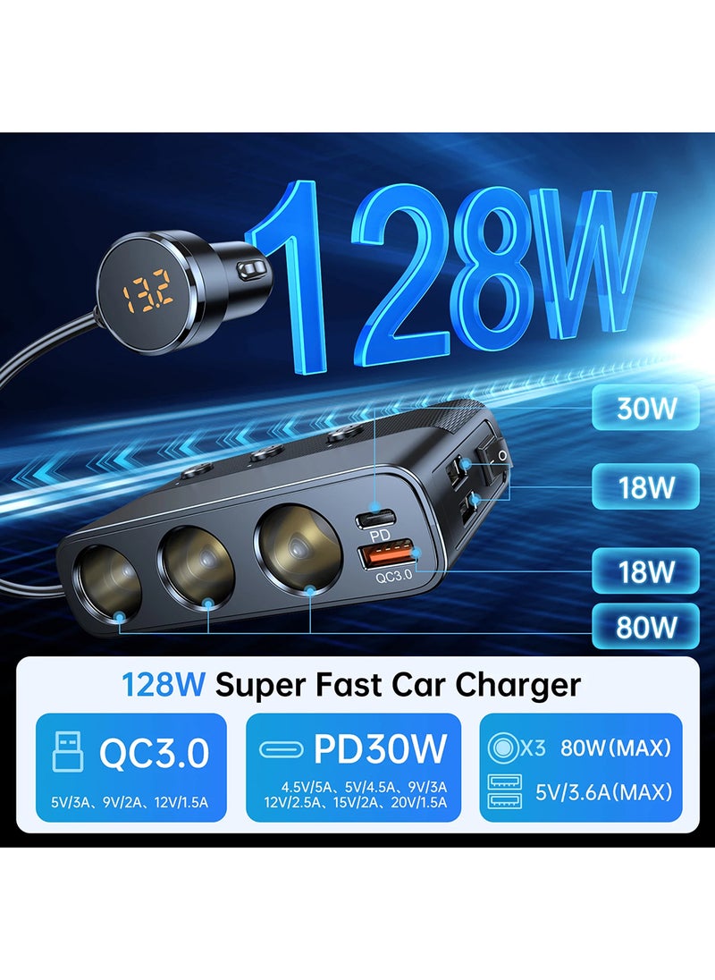 EzzySo - 127w 7-in-1 Car Charger Splitter PD30w QC3.0 cigarette Lighter Adapter Car Cigarette Lighter Socket Splitter with Switch - Image 1