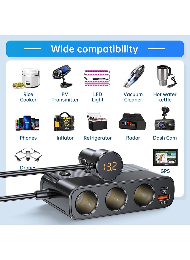 EzzySo - 127w 7-in-1 Car Charger Splitter PD30w QC3.0 cigarette Lighter Adapter Car Cigarette Lighter Socket Splitter with Switch - Image 1