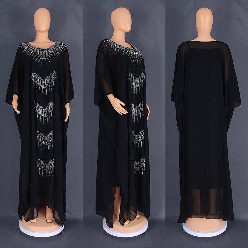 European and American cross-border foreign trade womens clothing Africa plus size fat cover robe AliExpress hot drilling two-piece set dress 8830 Green - Image 3