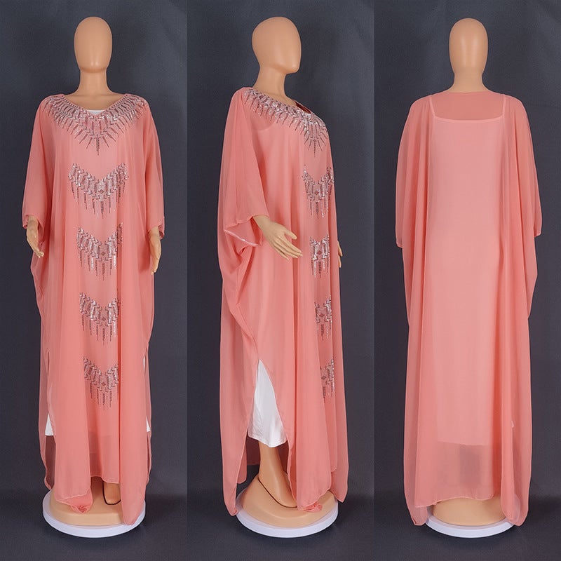 European and American cross-border foreign trade womens clothing Africa plus size fat cover robe AliExpress hot drilling two-piece set dress 8830 Green - Image 2