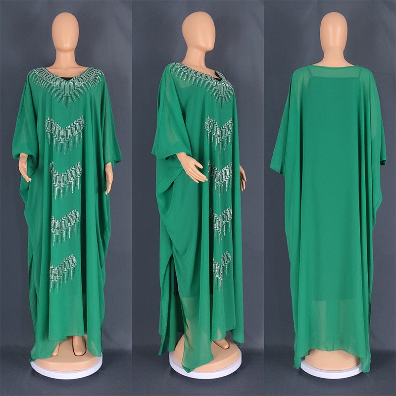 European and American cross-border foreign trade womens clothing Africa plus size fat cover robe AliExpress hot drilling two-piece set dress 8830 Green - Image 1