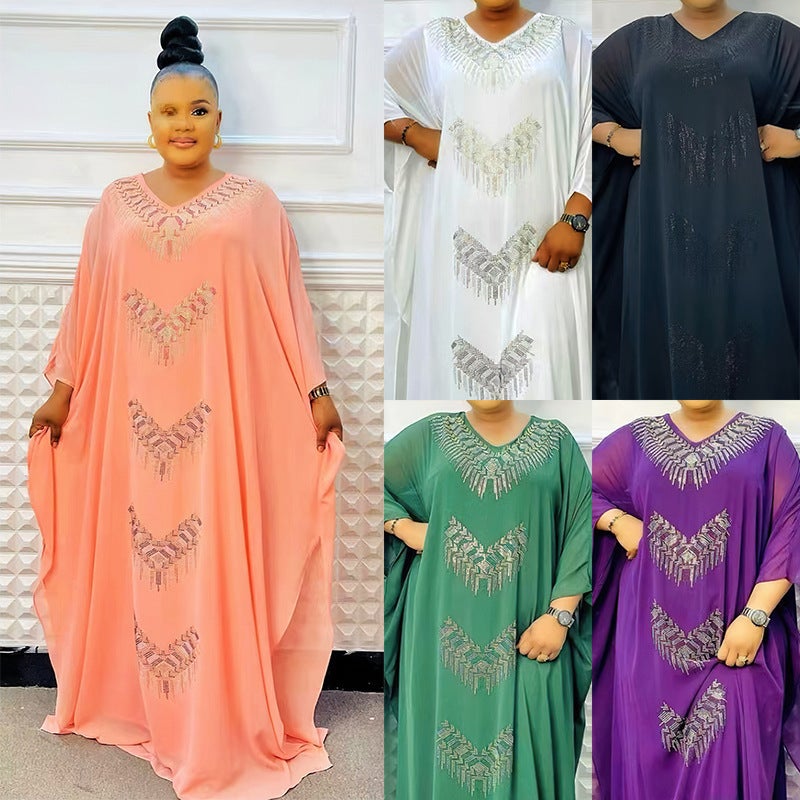 European and American cross-border foreign trade womens clothing Africa plus size fat cover robe AliExpress hot drilling two-piece set dress 8830 Green - Image 5