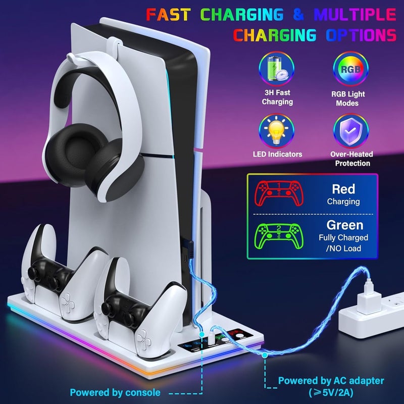كاست ويف حامل و محطة تبريد PS5/PS5 Slim، مع محطة شحن جهاز التحكم لـ Playsation 5 Slim/PS5، 10 إكسسوارات تبريد PS5 بإضاءة RGB تشمل مروحة تبريد 3 مستويات/محور USB - Image 2