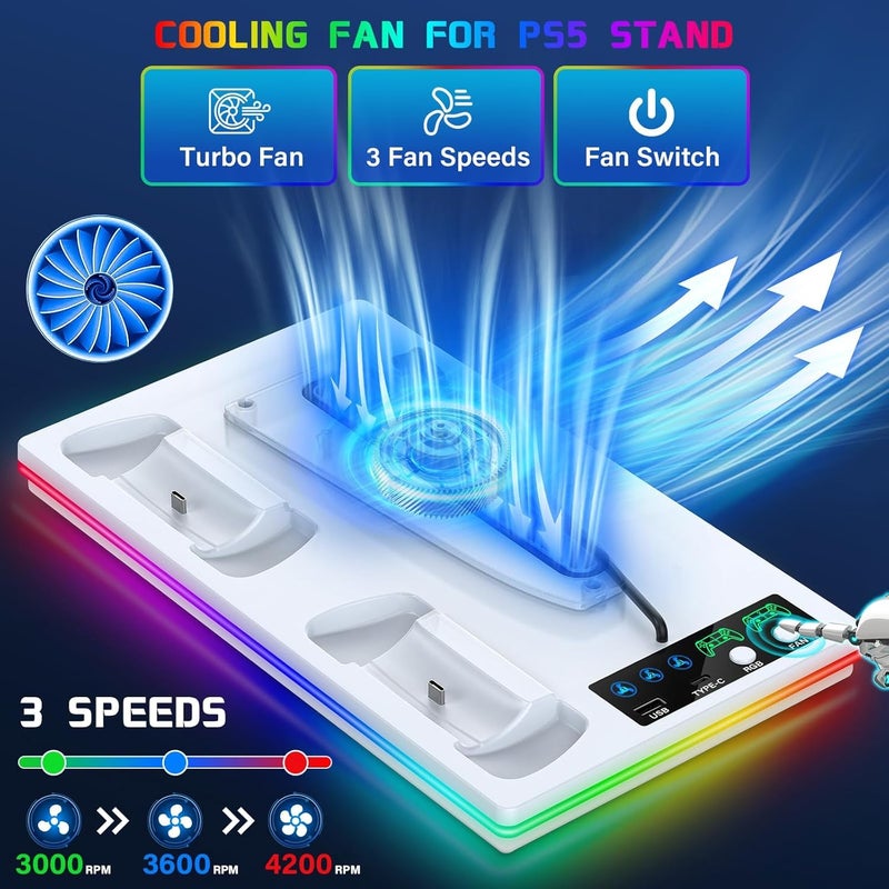 كاست ويف حامل و محطة تبريد PS5/PS5 Slim، مع محطة شحن جهاز التحكم لـ Playsation 5 Slim/PS5، 10 إكسسوارات تبريد PS5 بإضاءة RGB تشمل مروحة تبريد 3 مستويات/محور USB - Image 4
