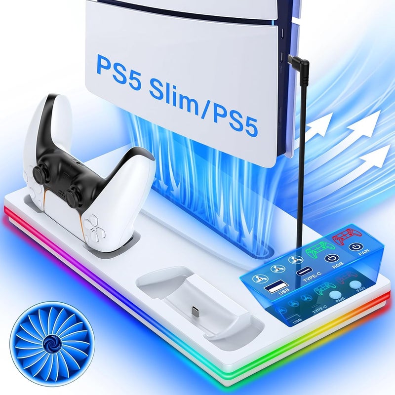 كاست ويف حامل و محطة تبريد PS5/PS5 Slim، مع محطة شحن جهاز التحكم لـ Playsation 5 Slim/PS5، 10 إكسسوارات تبريد PS5 بإضاءة RGB تشمل مروحة تبريد 3 مستويات/محور USB - Image 1