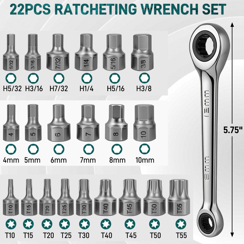 Bestwork Insert Stubby/Low Profile Torx Bit Set, 22-Piece Hex Bit Ratchet Set for Tight Space - Image 2