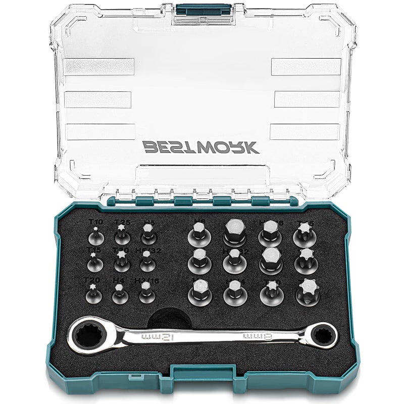 Bestwork Insert Stubby/Low Profile Torx Bit Set, 22-Piece Hex Bit Ratchet Set for Tight Space - Image 1