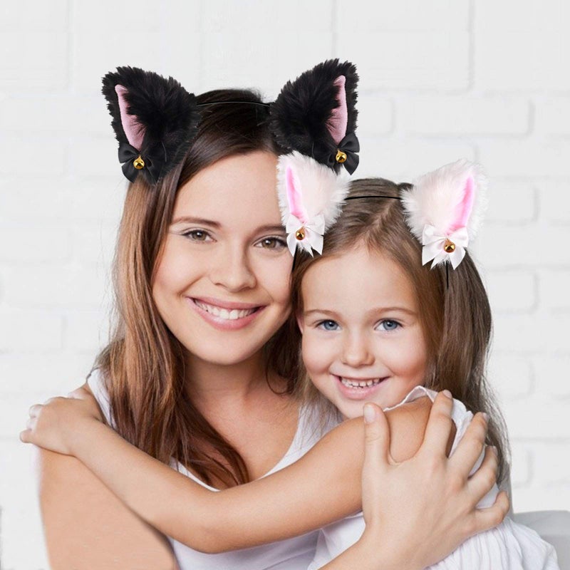 xipixiao Cat Ears Headband Plush Furry Neko Ears with Ribbon Bell for Halloween Party, Women and Kids - Image 5