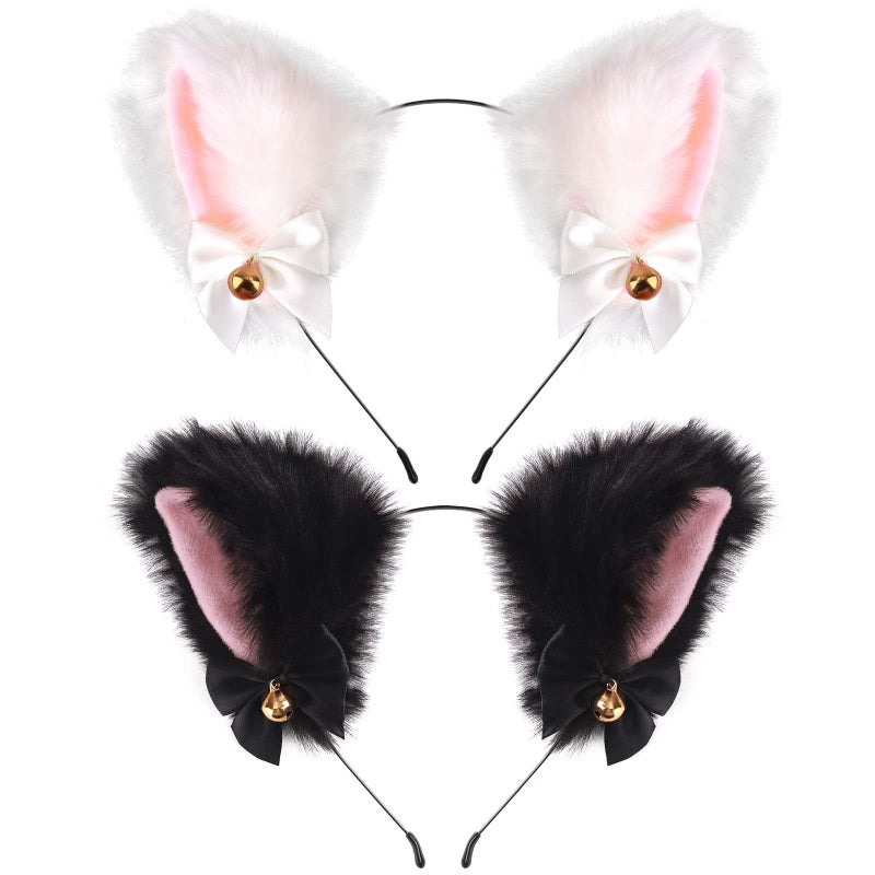 xipixiao Cat Ears Headband Plush Furry Neko Ears with Ribbon Bell for Halloween Party, Women and Kids - Image 1