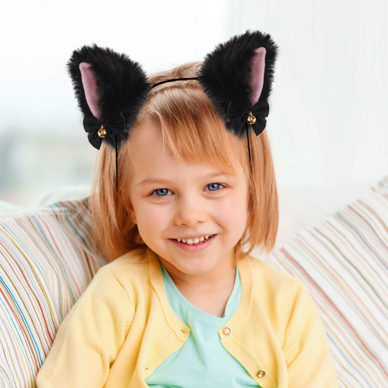 xipixiao Cat Ears Headband Plush Furry Neko Ears with Ribbon Bell for Halloween Party, Women and Kids - Image 4
