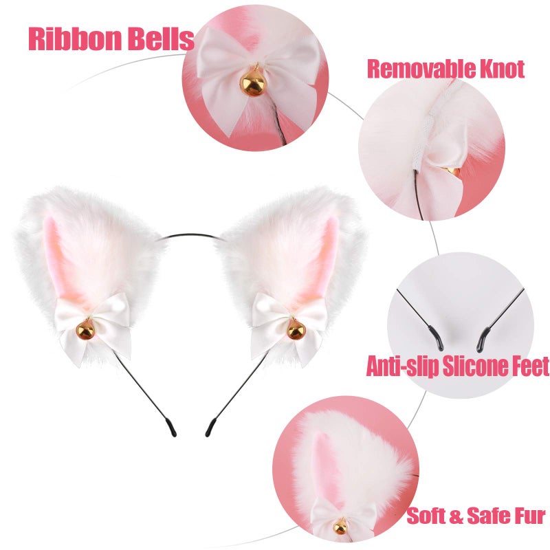 xipixiao Cat Ears Headband Plush Furry Neko Ears with Ribbon Bell for Halloween Party, Women and Kids - Image 3
