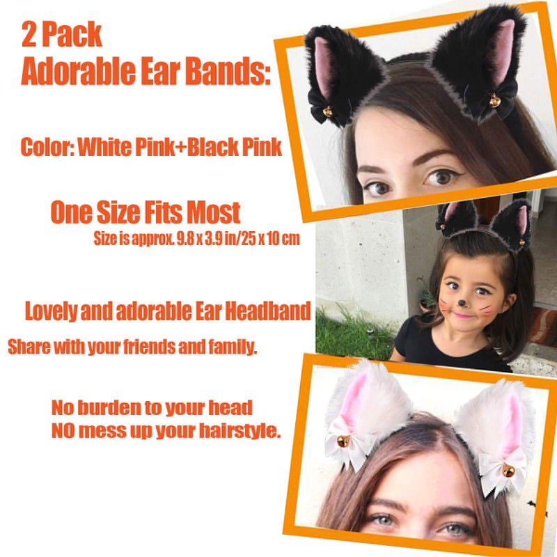 xipixiao Cat Ears Headband Plush Furry Neko Ears with Ribbon Bell for Halloween Party, Women and Kids - Image 2