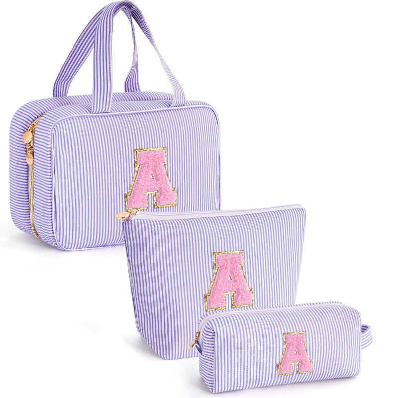 Fystdtote Initial Toiletry Bag Travel Makeup Bag | Teen Girl Gifts Trendy Stuff | Gifts for 3 4 5 6 7 8 9 10 11 12 13 Year Old Girls | Christmas Gifts for Teen Girls Stocking Stuffers - Lavender A - Image 1
