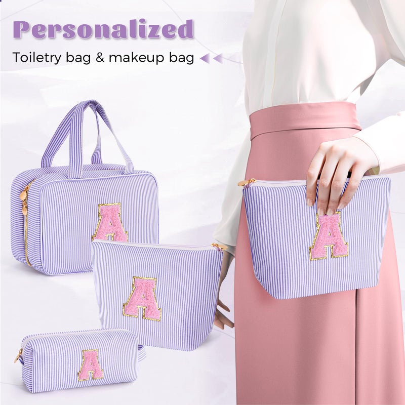 Fystdtote Initial Toiletry Bag Travel Makeup Bag | Teen Girl Gifts Trendy Stuff | Gifts for 3 4 5 6 7 8 9 10 11 12 13 Year Old Girls | Christmas Gifts for Teen Girls Stocking Stuffers - Lavender A - Image 4