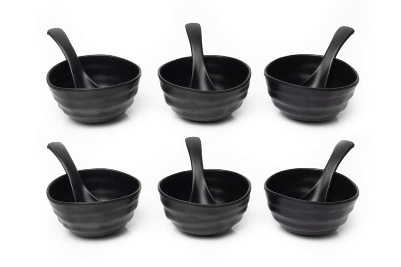 PRIZMA Durable Multiuse Dining Serving Soup Melamine Katori Bowl Black Matte Style with Soup Spoons Set of 12 Combo (12 Soup Bowl & 12 Spoons) - Image 5