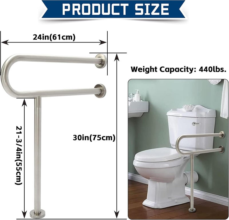 HECASA 24 Inch Handicap Grab Bars Rails 304 Stainless Steel Toilet Handrail Bathroom Safety Bar Wall Mount Floor Support Assist Bar for Disabled Elderly Mounted Bath Grips - Image 3