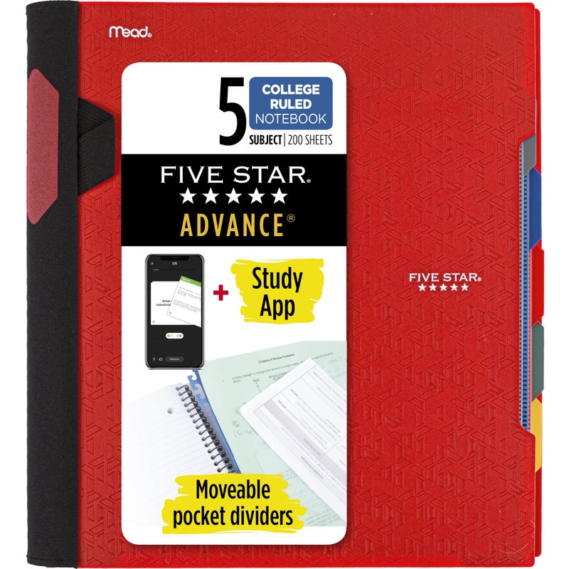 Five Star Advance Spiral Notebook Study App 5 Subject College Ruled Paper 812 x 11 200 Sheets Spiral Guard Movable Tabbed Dividers Fire Red 73146