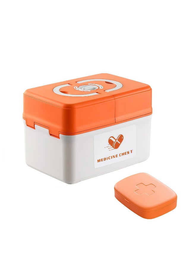 فلاي رود صندوق تخزين الأدوية، صندوق طبي، منظم لتخزين الأدوية، صندوق إسعافات أولية محمول للمنزل، صندوق أدوات بلاستيكي متعدد الوظائف بمقبض، صندوق أدوية عائلي محمول قابل للقفل مزدوج بثلاث طبقات، صندوق تخزين لتصنيف الأدوية (برتقالي، كبير) - Image 1