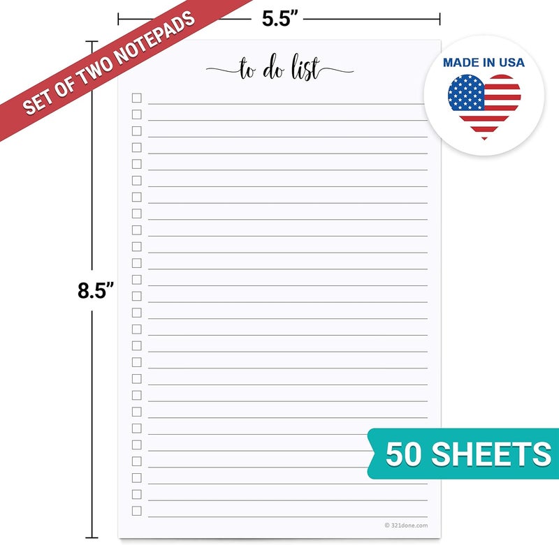 321Done To Do List Notepad - Pack of 2-50 Sheets (5.5" x 8.5") To-Do's Notepad Tear Off, Planning Memo Pad, Planner Checklist Organizing - Made in USA - Simple Script - College-Ruled - Image 2