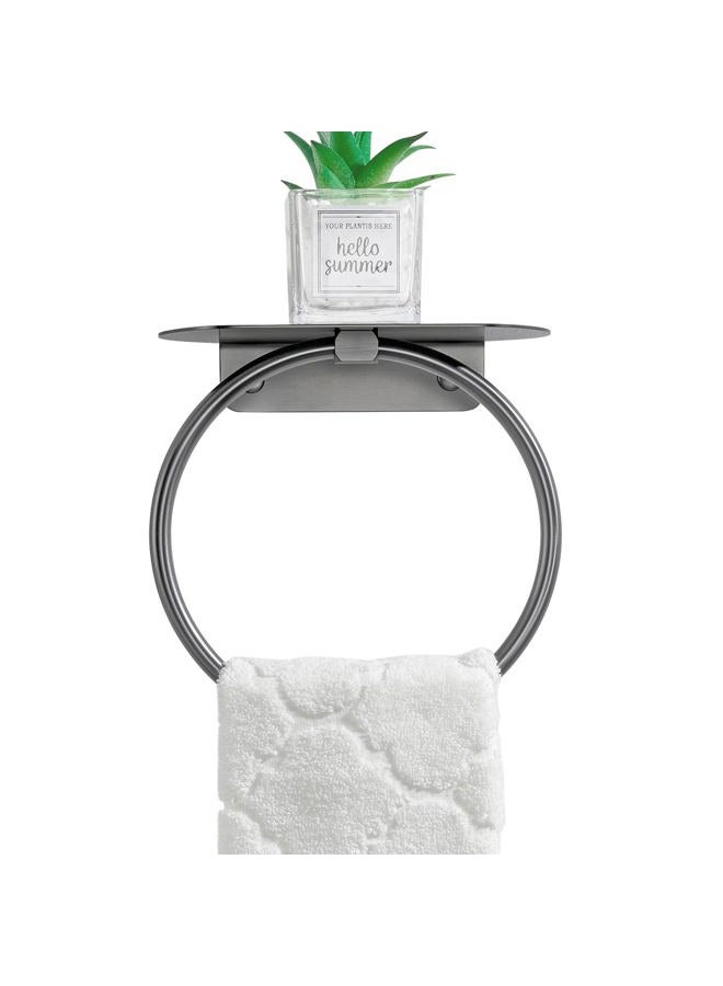 APLusee Gunmetal Gray Towel Ring with Shelf, 304 Stainless Steel Bathroom Towel Holder, Wall Mounted Swivel Loop for Kitchen Shower, Rustproof & Easy to Install - Image 1