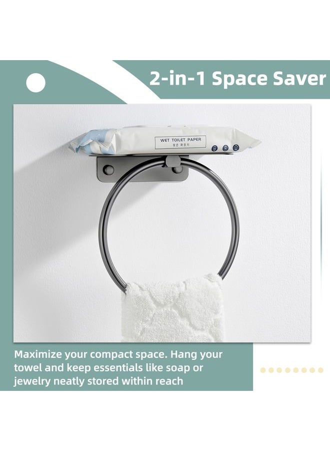 APLusee Gunmetal Gray Towel Ring with Shelf, 304 Stainless Steel Bathroom Towel Holder, Wall Mounted Swivel Loop for Kitchen Shower, Rustproof & Easy to Install - Image 3
