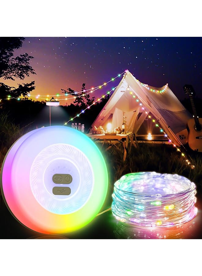The Bros أضواء خيط التخييم، أضواء خيط LED RGB الخارجية، زينة لرحلات التخييم، RV، المشي، 33 قدم 100 ضوء LED، مقاومة للماء IPX4، 2 في 1 ضوء حفلة قابل لإعادة الشحن عبر USB، أضواء عيد الميلاد - Image 1