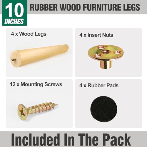 FoDau770 Rubber Wood Furniture Legs 10 Inches, Slant Tapered Wood Feet Mid Century Sofa Legs Set of 4, 5/16" UNC Furniture Feet Replacement Parts for Cabinet Couch Dresser Chair Ottoman Table - Image 2