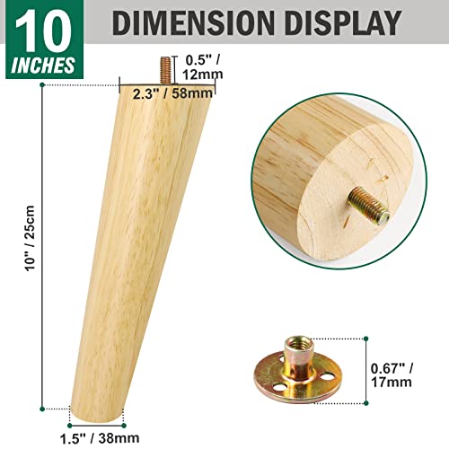 FoDau770 Rubber Wood Furniture Legs 10 Inches, Slant Tapered Wood Feet Mid Century Sofa Legs Set of 4, 5/16" UNC Furniture Feet Replacement Parts for Cabinet Couch Dresser Chair Ottoman Table - Image 3