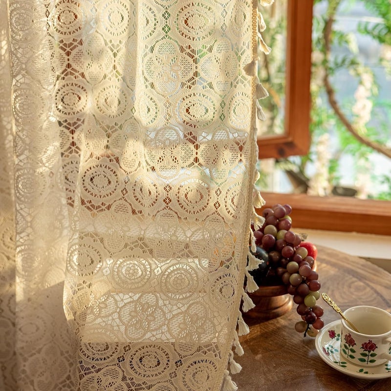 YJ YANJUN Beige Sheer Curtains 80 Inch Length for Living Room 2 Panels Shabby Chic Lace Crochet Curtains Light Filtering Boho Country Rustic Semi Sheer Farmhouse Curtains W59 x L80 Light Beige/Cream - Image 1