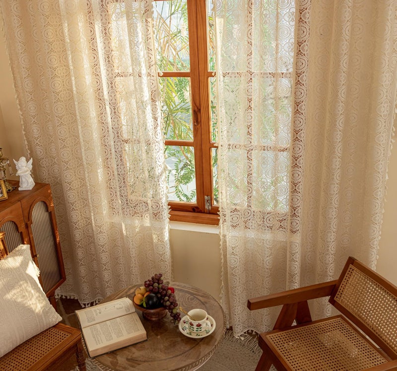 YJ YANJUN Beige Sheer Curtains 80 Inch Length for Living Room 2 Panels Shabby Chic Lace Crochet Curtains Light Filtering Boho Country Rustic Semi Sheer Farmhouse Curtains W59 x L80 Light Beige/Cream - Image 4