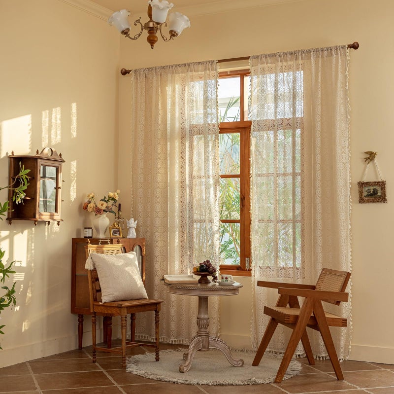 YJ YANJUN Beige Sheer Curtains 80 Inch Length for Living Room 2 Panels Shabby Chic Lace Crochet Curtains Light Filtering Boho Country Rustic Semi Sheer Farmhouse Curtains W59 x L80 Light Beige/Cream - Image 3