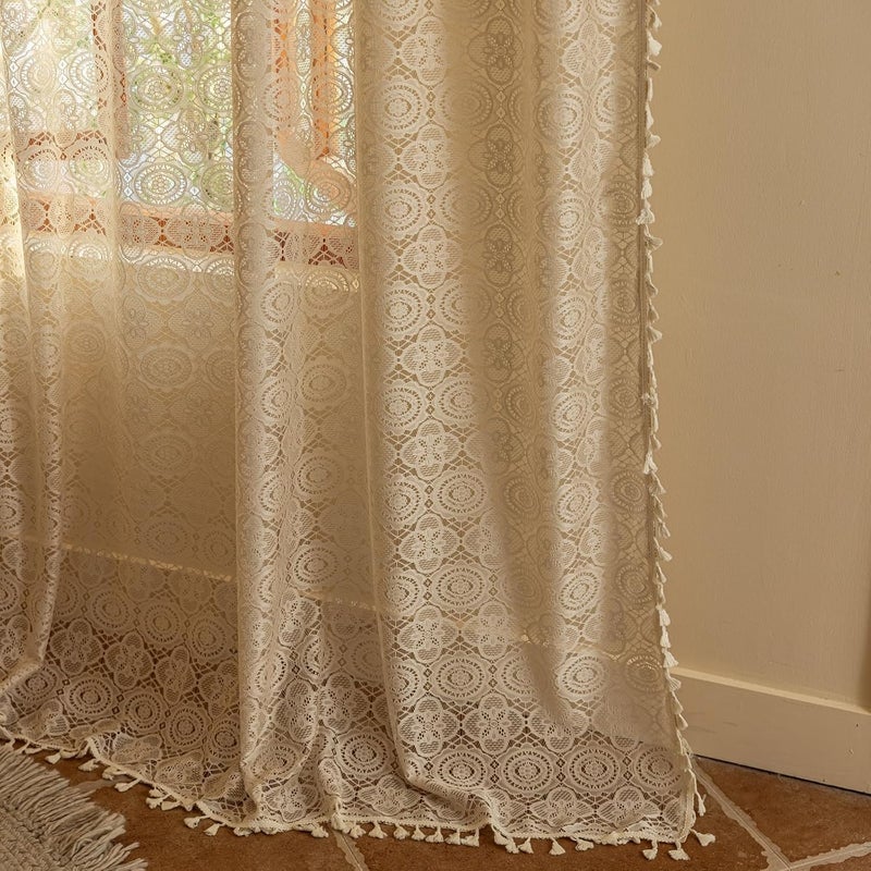 YJ YANJUN Beige Sheer Curtains 80 Inch Length for Living Room 2 Panels Shabby Chic Lace Crochet Curtains Light Filtering Boho Country Rustic Semi Sheer Farmhouse Curtains W59 x L80 Light Beige/Cream - Image 5