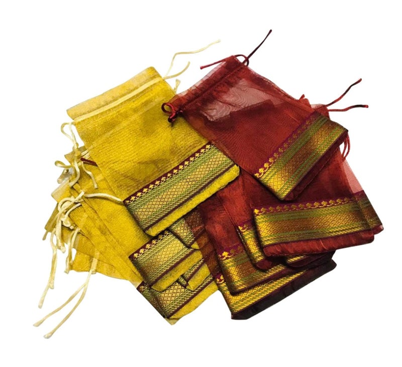 Moira Women's Small Potli Gift Bags Silk Brocade (18 cm X 12 cm) Pack of 20 (Golden & Dark Maroon) - Image 1